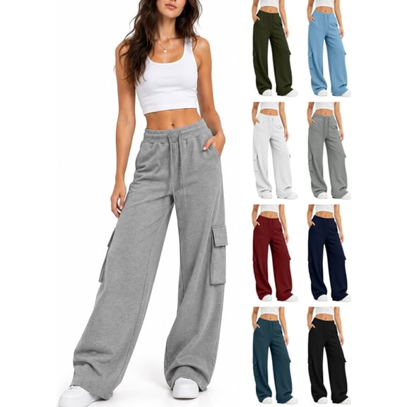 APEXFWDT Cargo Sweatpants Women Casual Baggy Wide Leg Pants Casual Drawstring Waist Jogger Trousers with Pockets,L,Army Green