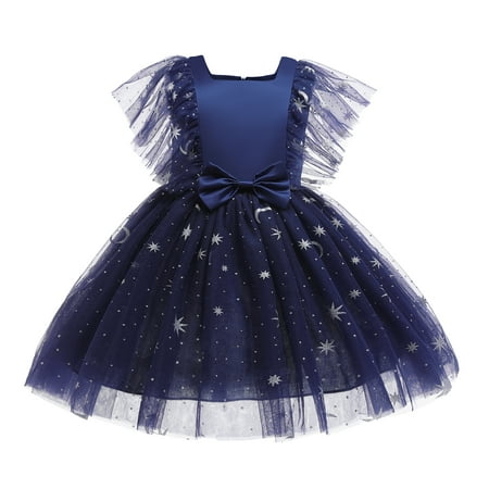 

5T Little Girls Wedding Princess Dress Party Dress 6T Little Girls Fly Ruffled Sleeve Solid Color Ruffled Sequins Tulle Layer Party Formal Dress Blue