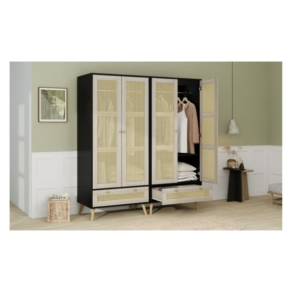 70.8" Tall Armoire Wardrobe Closet with 2 Rattan Doors & 1 Drawer, Boho Wooden Clothes Storage Cabinet with Hanging Rod for Bedroom, Natural Black