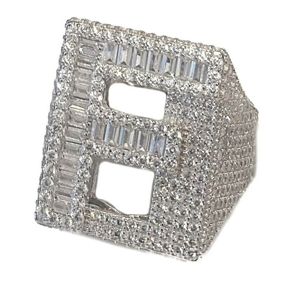 Men's Real Solid 925 Sterling Silver Initial Letter F Iced Baguette Flooded Out Big Hip Hop Ring Size 10