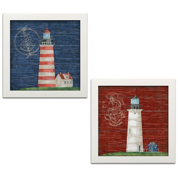 Gango Home Decor Nautical Boothbay Lighthouse Coastal Wall Art; Two Multi-Color 12x12in Art Prints in White Frames
