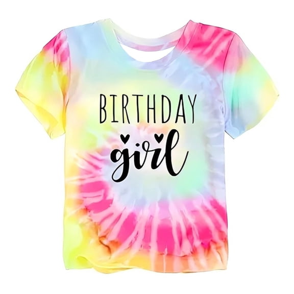 WOYY Girls Birthday T Shirt Tie Dyed Letter Print Short Sleeve T-Shirt Kids Tee, Sizes 1-13