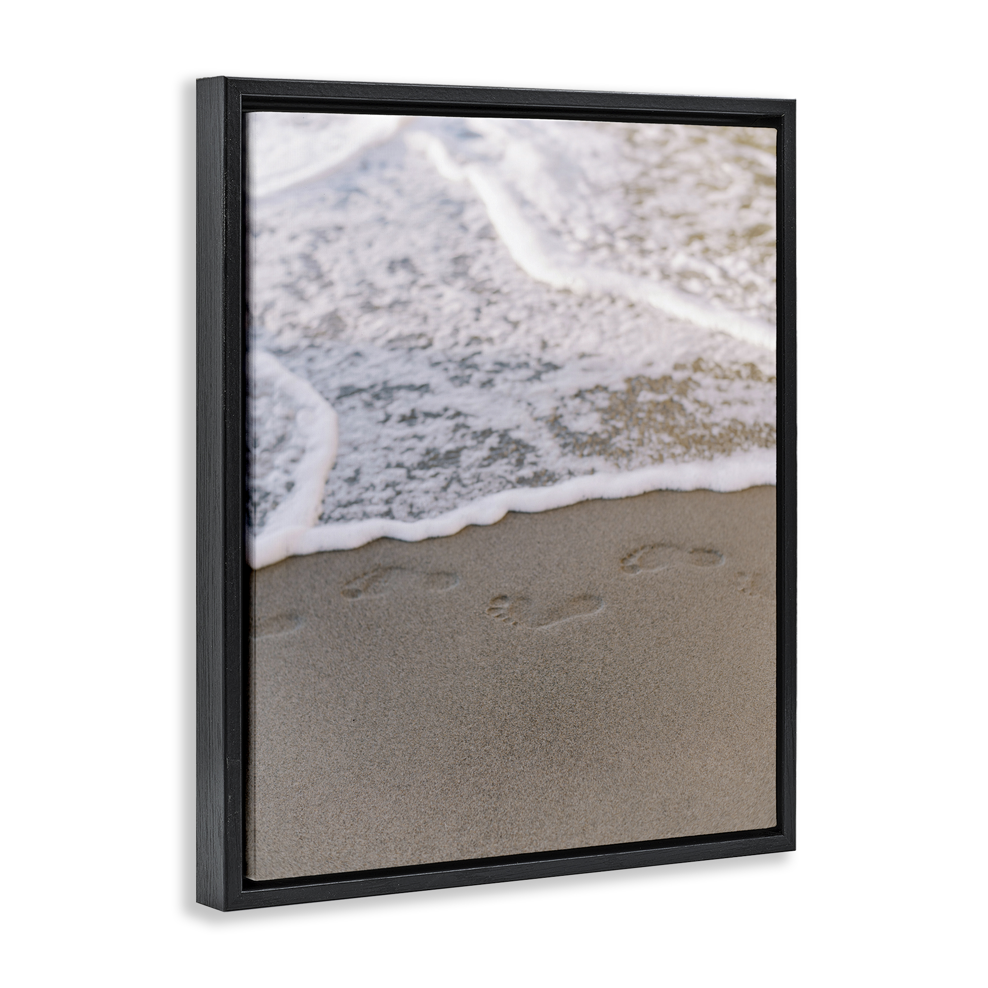 Stupell Industries Ocean's Edge Footprints Coastal Photography Black Floater Framed Canvas Art Print Wall Art, 17 x 21