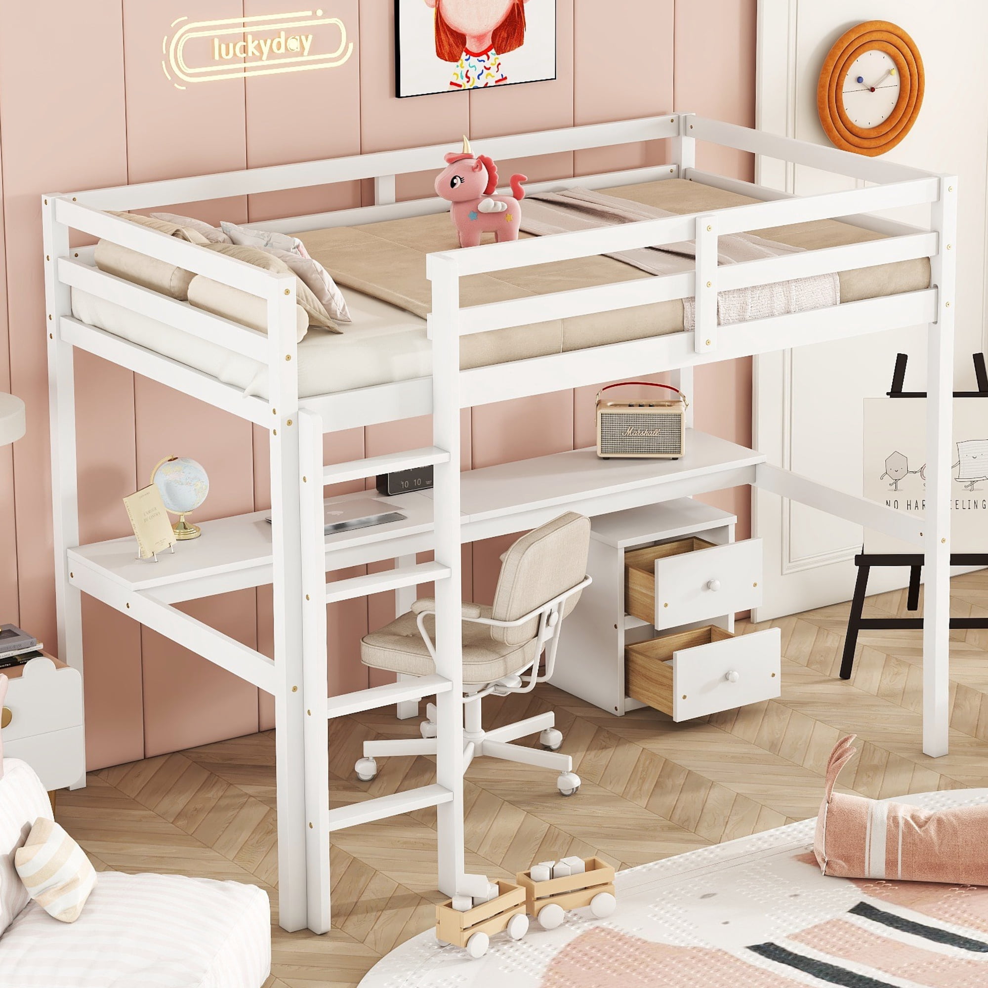 Euroco Modern Twin Size Loft Bed with Desk and Storage Drawers for Kids Teens, White