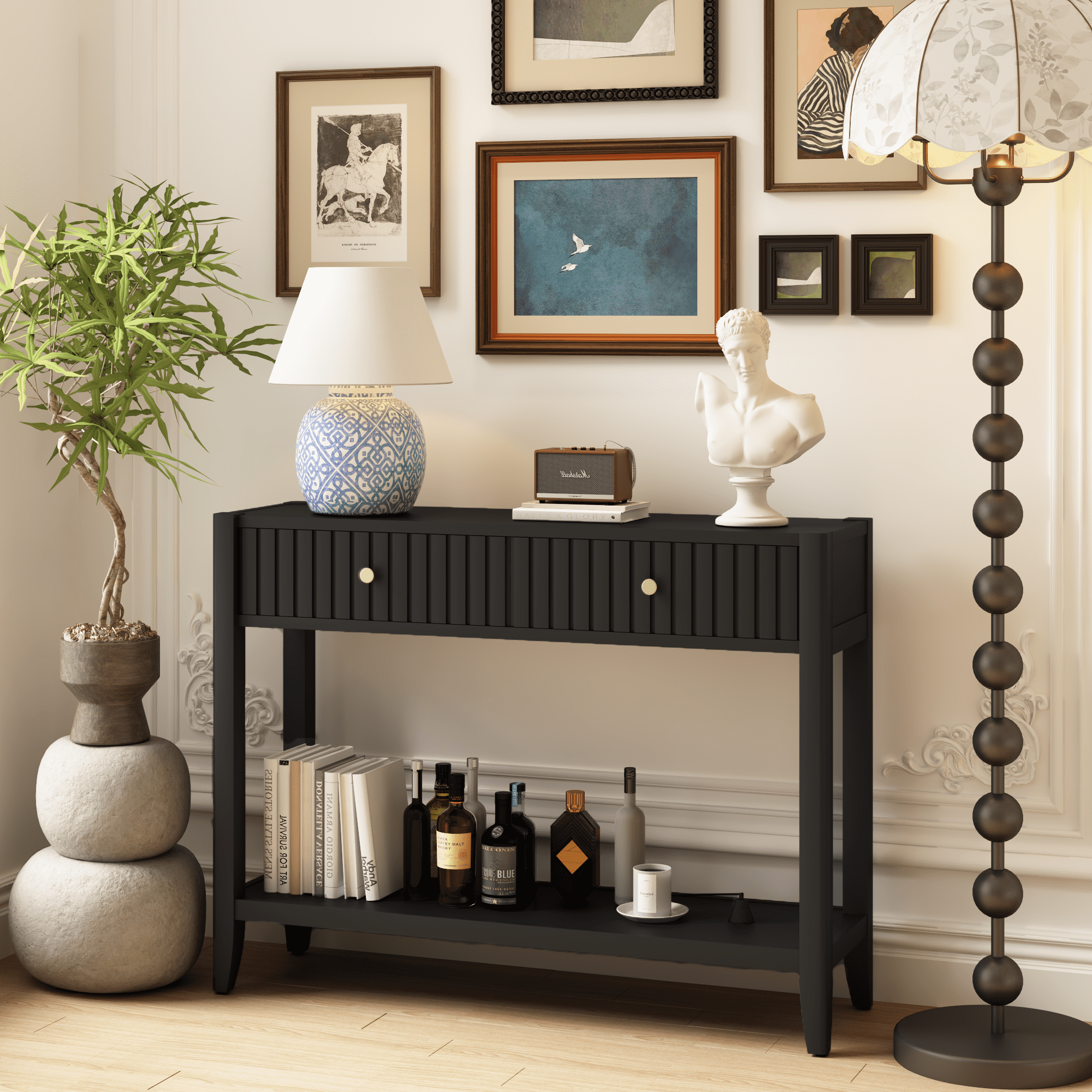 Leumius Console Table with Drawers, Narrow Wood Accent Sofa Table Entryway Table with Storage Shelf for Entryway Front Hall Hallway Living Room Black