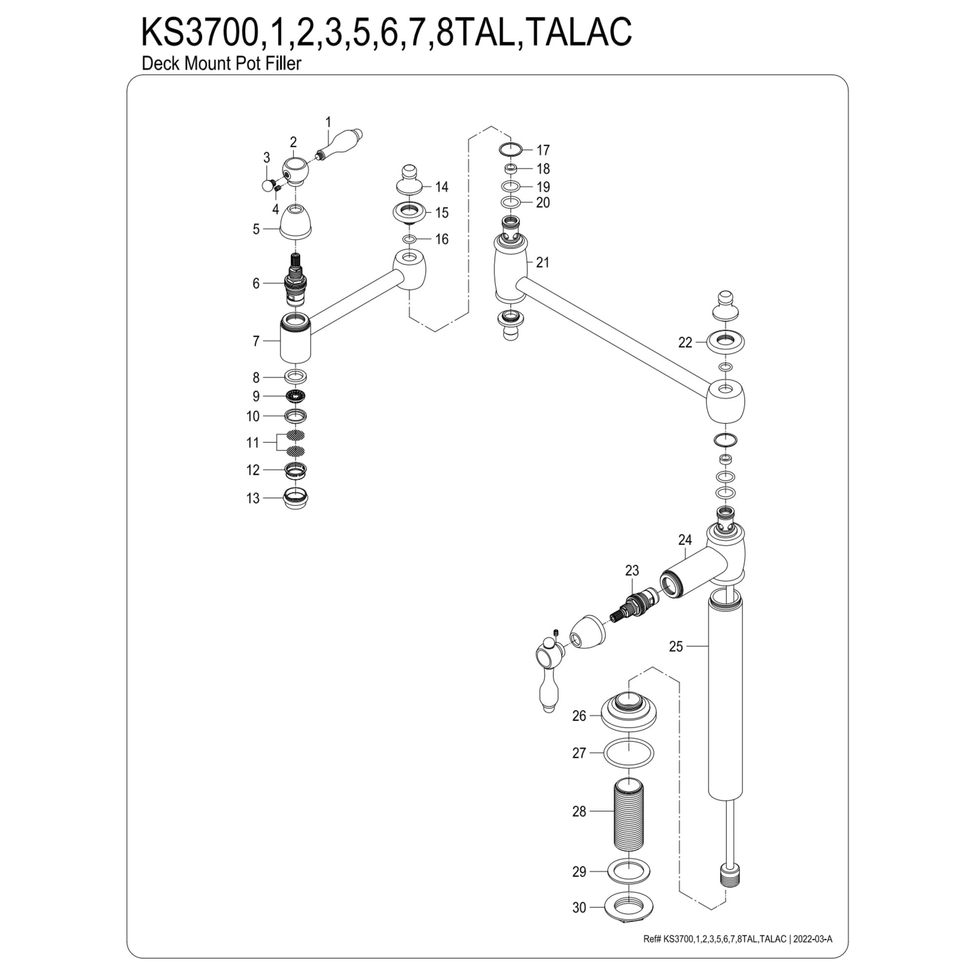 Kingston Brass KS3706TAL Tudor Deck Mount Pot Filler Faucet, Polished Nickel