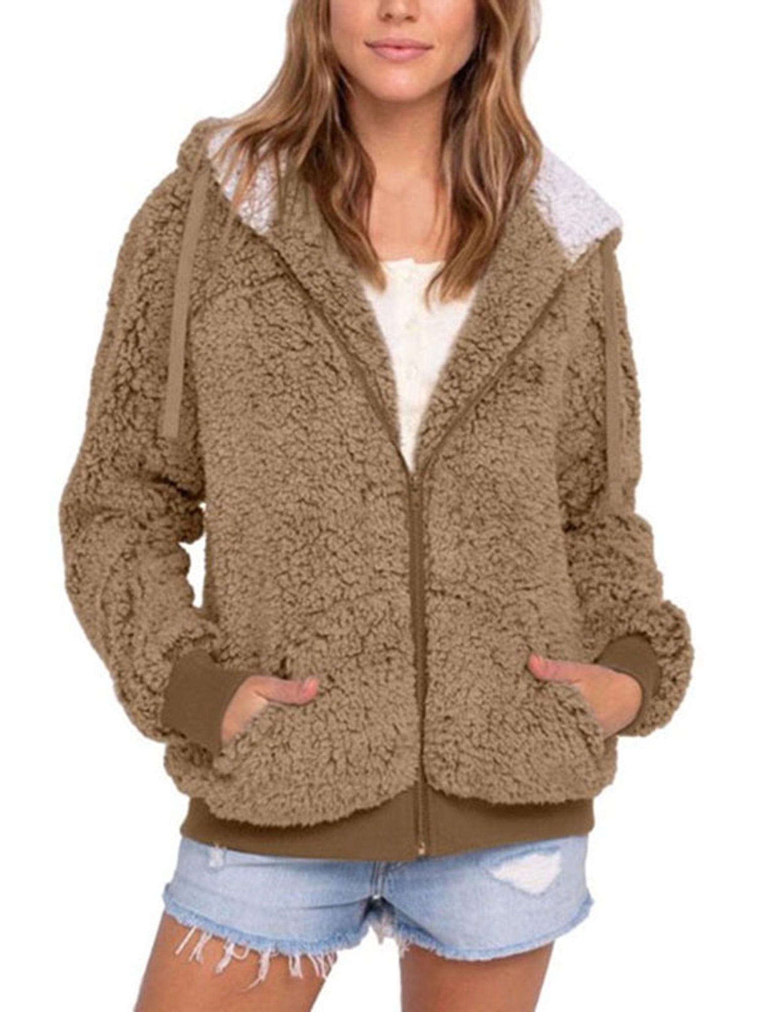 Lallc - Women's Teddy Bear Zip Up Hooded Coat Winter Warm Loose Faux