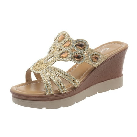

KIJBLAE Women Summer Sandals Wedges Bling Rhinestone Beaded Open Toe Comfort Platform Shoes Ladies Beach Slip-On Sandals Gold 39