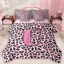 Manfei Girls Pink Leopard Print Bedding Comforter Set 7-Piece, Glitter Personalized Letter U Full Bedding Set, Cheetah Print Monogrammed Fitted Sheet Flat Sheet, Super Cozy Room Decor