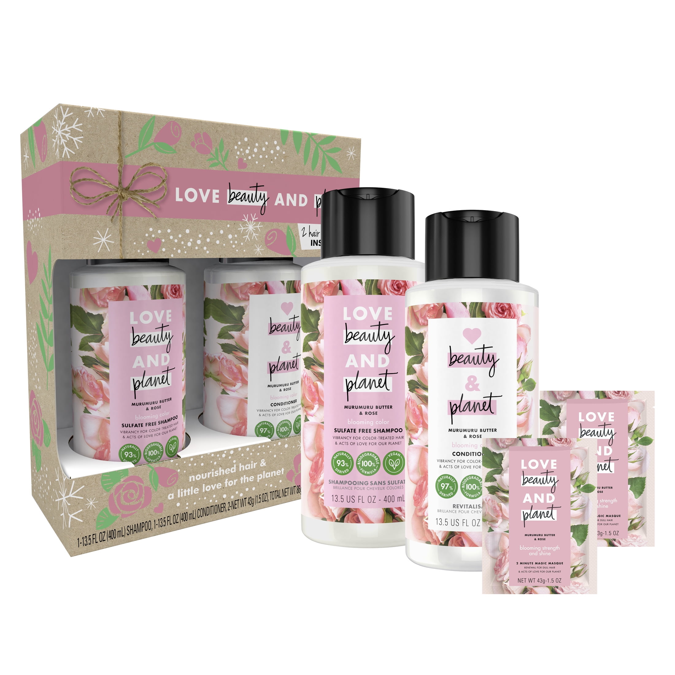 ($18 VALUE) Love Beauty and Planet Murumuru Butter & Rose Shampoo & Conditioner Gift Set, 3 Count