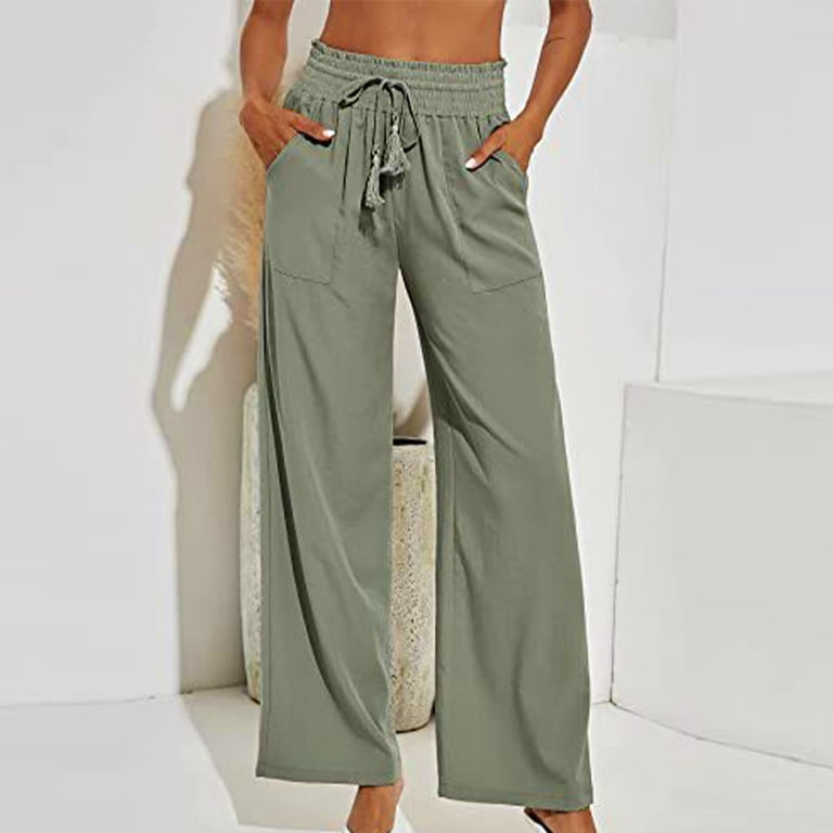 Oalirro Women's Pants High Waist Pocket Green Drawstring Pants