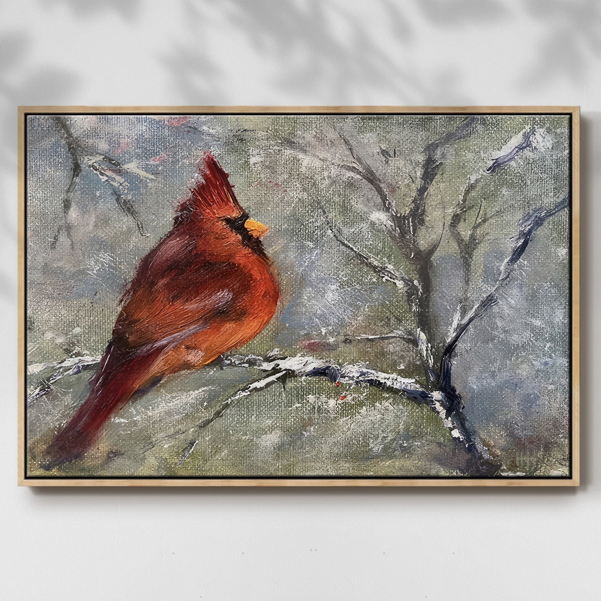 Cardinal in Snow II - Framed Gallery Wrapped Holiday Canvas - 25 x 37 - Natural Wood Frame