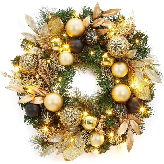 22 in Artificial Christmas Wreath, Pre-Lit Lighted Christmas Wreath with Ball Ornaments, Golden Leaves, Pine Needles, Winter Xmas Wreath with Timer for Door Window Fireplace