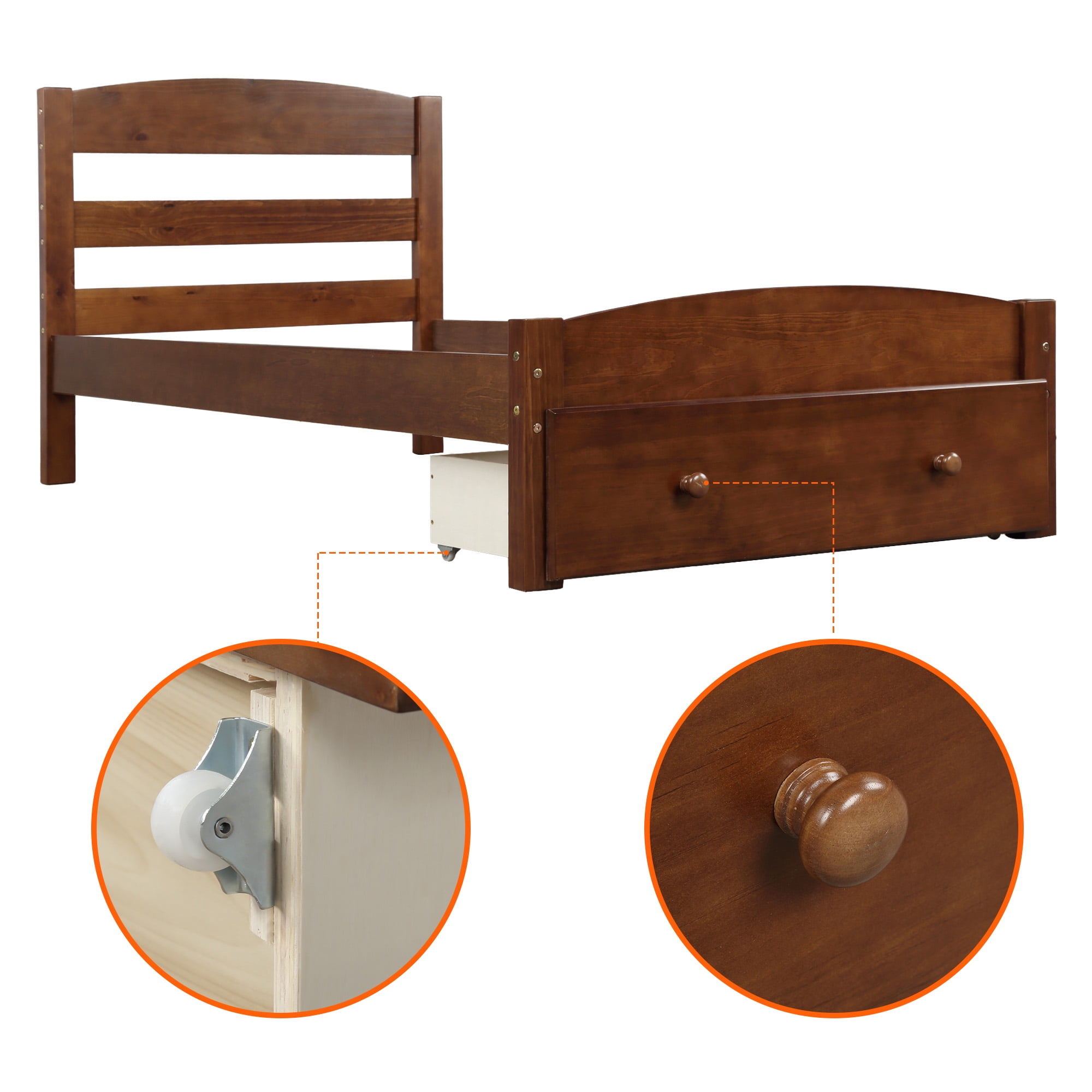 Kepooman Twin Size Modern Bed Frame with Storage Drawer, 79.5”L X 41.3”W X 36.1”H, Walnut Kepooman Twin Size Modern Bed Frame with Storage Drawer, 79.5”L X 41.3”W X 36.1”H, Walnut