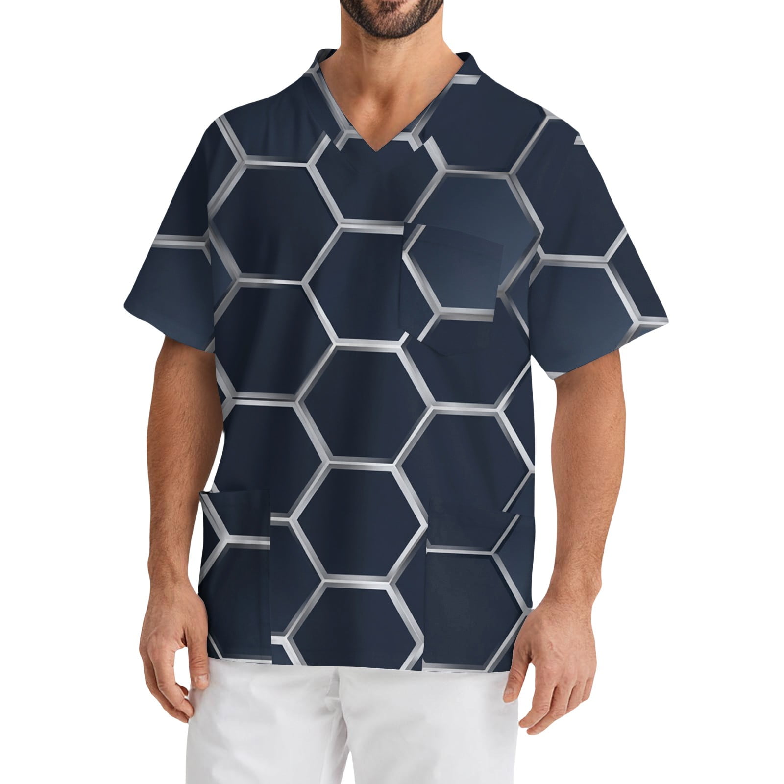Domuza Men's Scrub Top Plus Size Short Sleeve V-Neck Working Uniform Landscape Geometric Graphic Stretch T-Shirts Soft Comfort Nurse Tops with Pockets Dark Blue XL