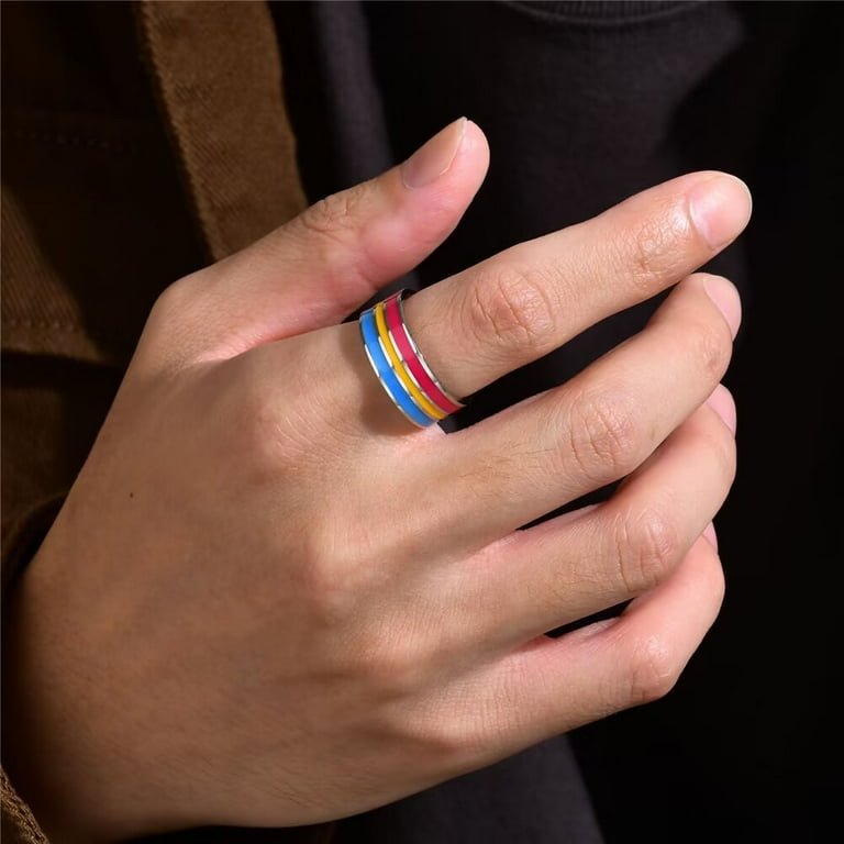 PAURO Men 8mm Stainless Steel Enamel Rainbow LGBT Pride Ring for