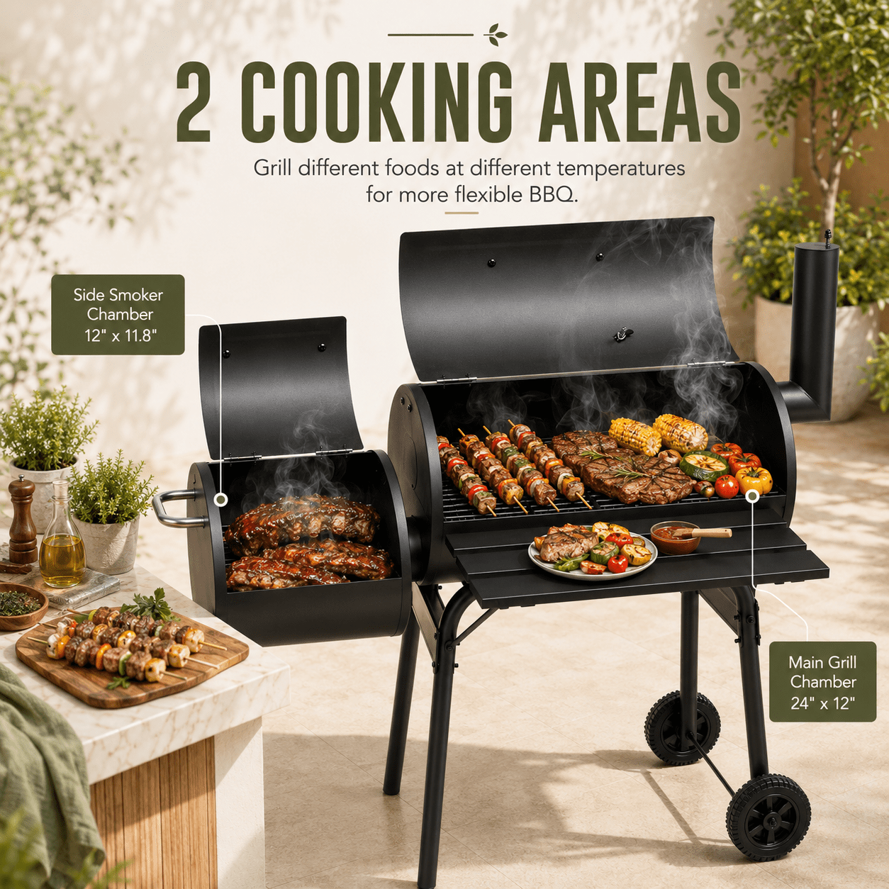 Smoker Grill, Outdoor BBQ Charcoal Grill W/2 Cooking Area, Portable Offset Smoker on Wheels for Patio Backyard Camping