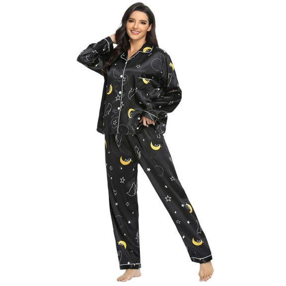 Womens Satin Pajamas Set Button Down Floral Dot Pattern Sleepwear Twinset Loungewear Ladies Long Sleeve Nightgown S-XL