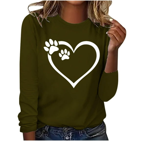 Womens Graphic Long Sleeve Tees Love Print Heart Shirt Loose Crew Neck Basic Top Trendy Casual Fall Blouse (Army Green L)