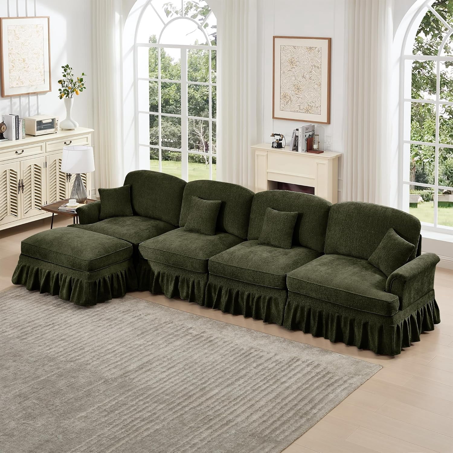 Chenille Sectional Sofa, L Shape 4 Seat Couch with Flared Arms & Removable Ruffles Pleats Skirts, Deep Seat Sofa for Living Room, Green