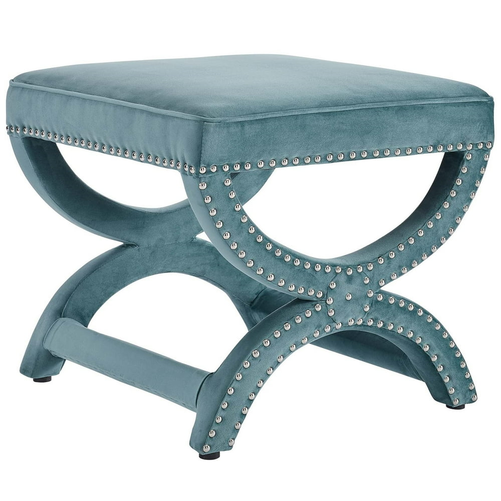 Upholstered Nailhead Trim Performance Velvet Ottoman, Sea Blue