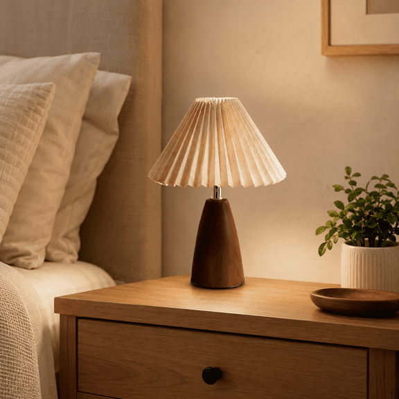 Wood Grain Table Lamp Pleated Shade Design Small Bedside Lamp For Bedroom Desk Nightstand Living Room Home Decorative Lighting A