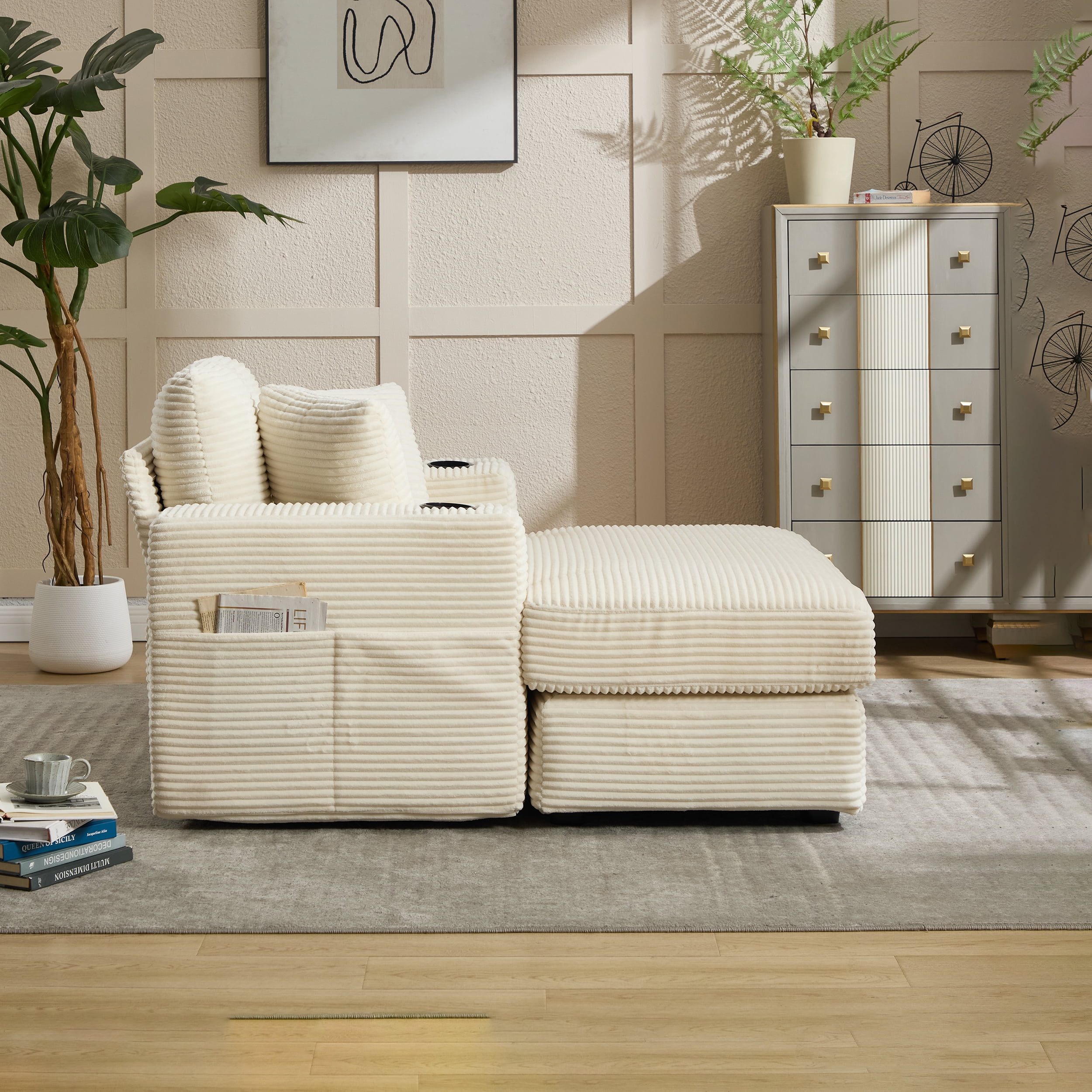 Leumius Chaise Lounge Sofa with Magazine Pocket and Double Cup Holder - Removable Cushions, Ergonomic Corduroy Sofa with Deep Seat, Perfect for Living Room or Home Office,Beige.