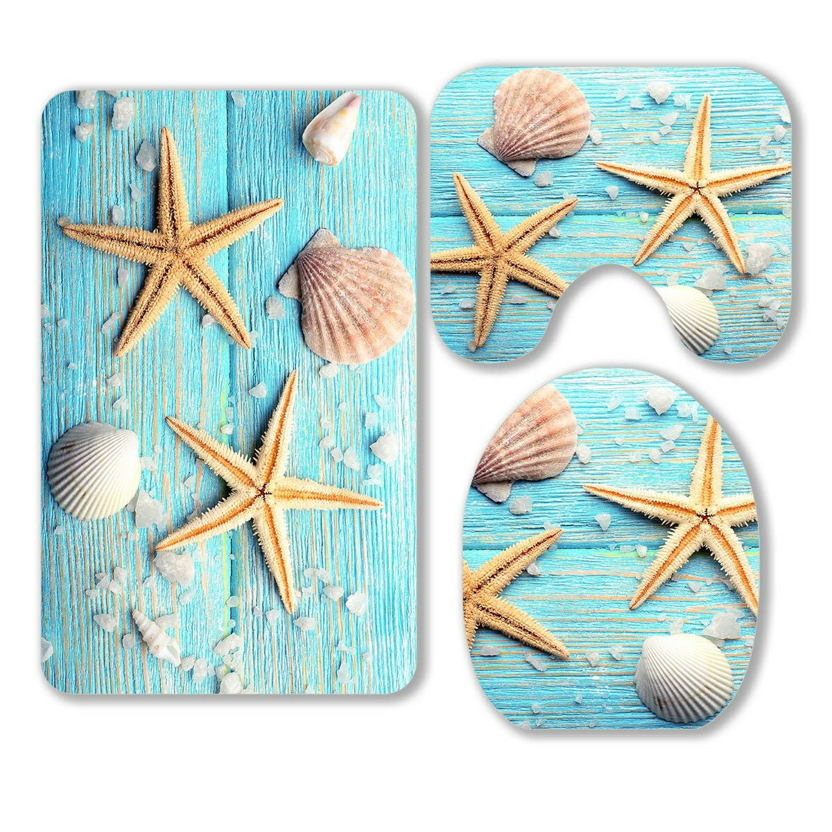 ECZJNT Sea stars shells wooden 3 Piece Bathroom Rugs Set Bath Rug