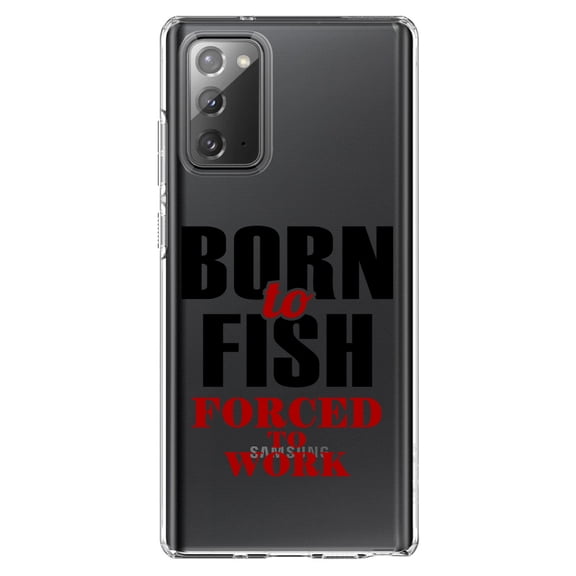 DistinctInk Clear Shockproof Hybrid Case for Samsung Galaxy Note 20 (6.7" Screen) - TPU Bumper Acrylic Back Tempered Glass Screen Protector - Born to Fish, Forced to Work