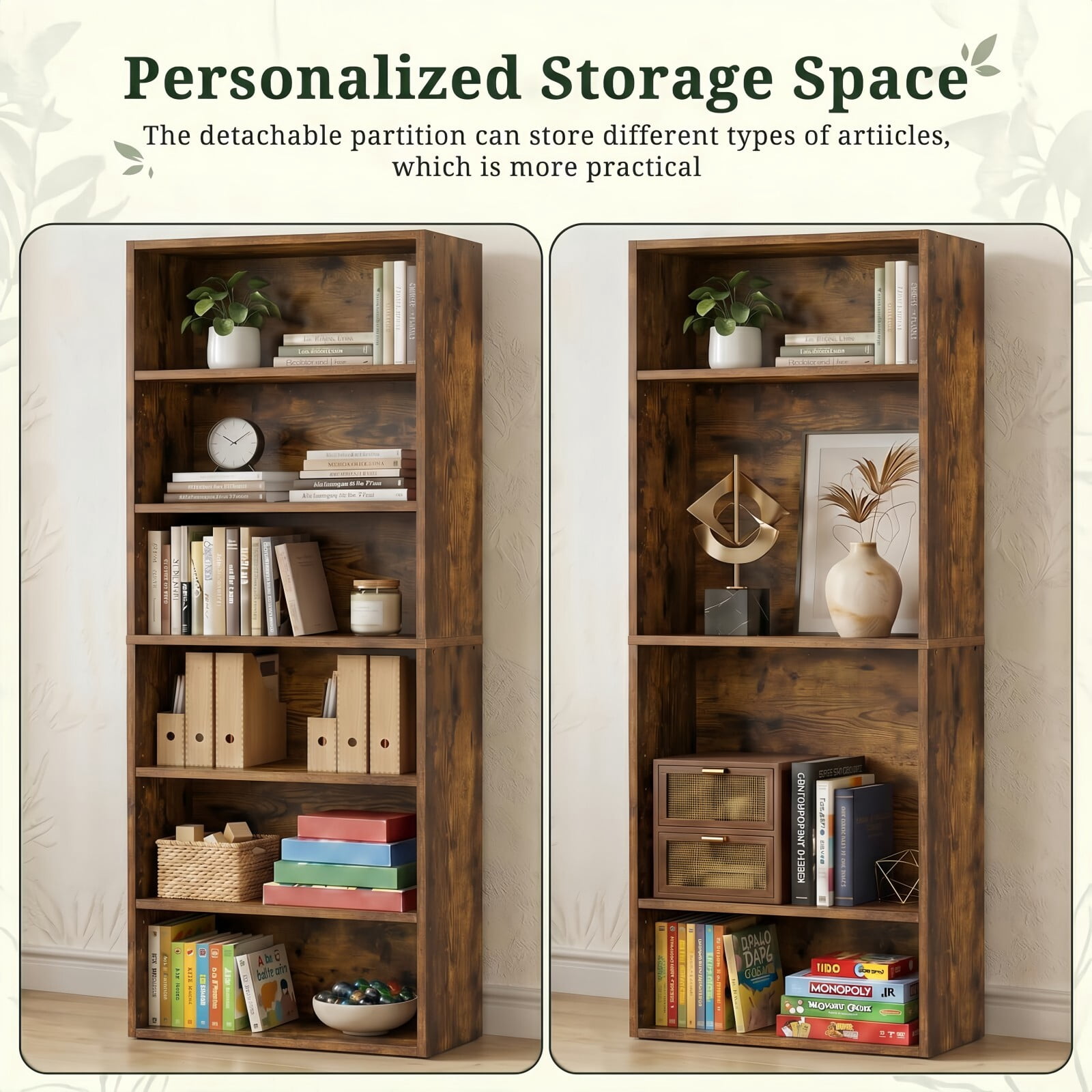 Kelno 6 Tier Vintage Bookshelf 63" Freestanding Wood Bookcase with Adjustable Shelf Anti-Tip Kit, Rust