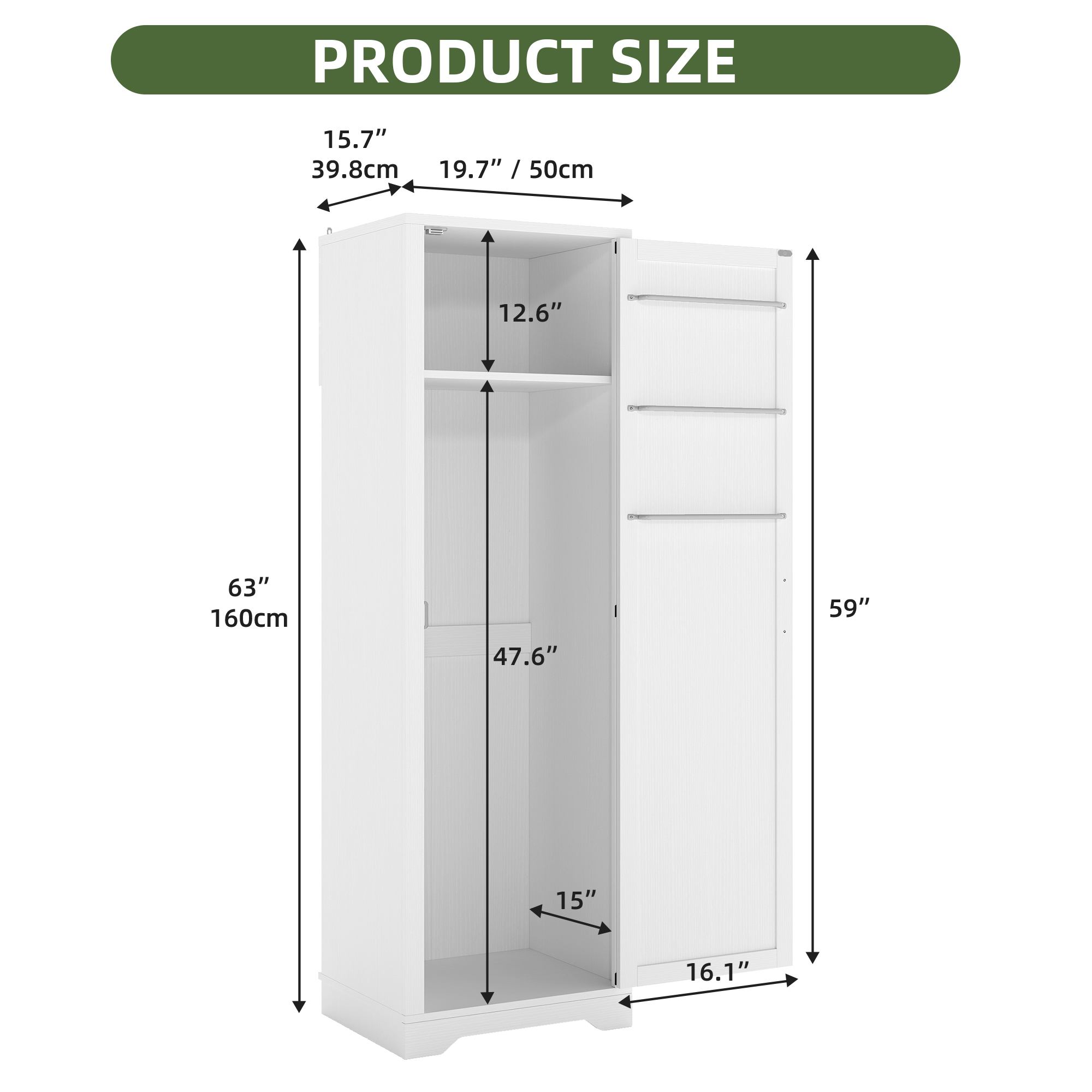 Uforic Broom Storage Closet Cabinet with Hanging Rod, 63" Garage Cabinet with Shelf, White