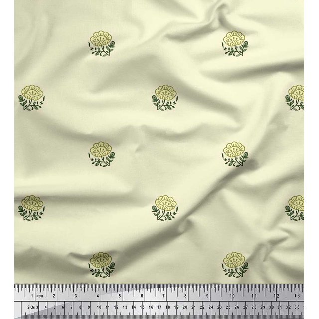 Soimoi Polyester Crepe Fabric Leaves & Floral Block Printed Fabric 1 Yard 42 Inch Wide