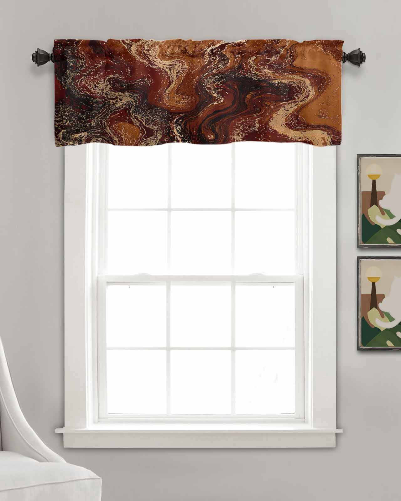 Brown Marble Kitchen Valances for Windows Farmhouse Linen Window Valance Curtain for Living Room Window Treatment Ombre Abstract Striped Mottled Aesthetic Valance Rod Pocket Topper, 42 x 18 Inch