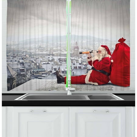 Christmas Curtains 2 Panels Set, Santa Claus Sitting on Roof Top Looking Through Binoculars Cloudy Cityscape, Window Drapes for Living Room Bedroom, 55W X 39L Inches, Red Pale Grey, by (Best Roof Windows Reviews)