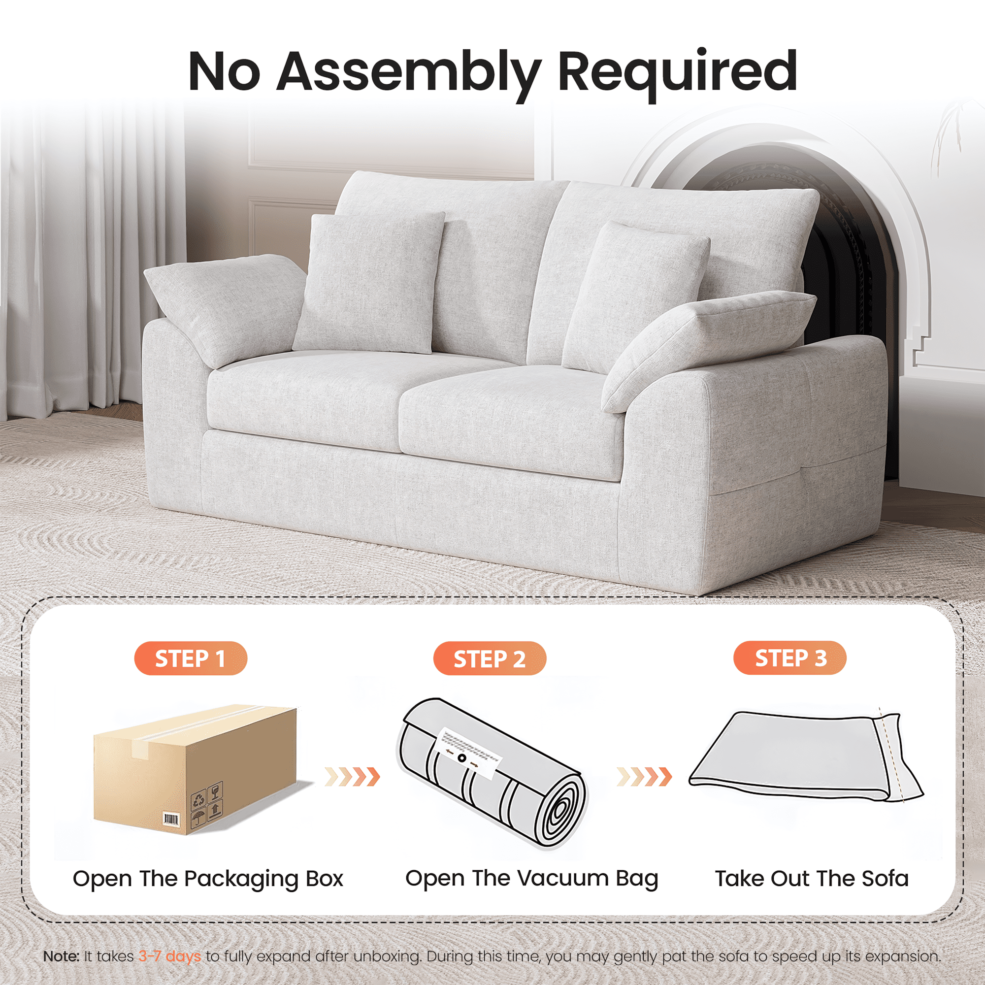 EOP 75.6" Wide Cloud Compression Sofa, Full Sponge Loveseat with Deep Seat, Upholstered Couch with 4 Pillows, No Assembly Required for Small Living Spaces, Beige
