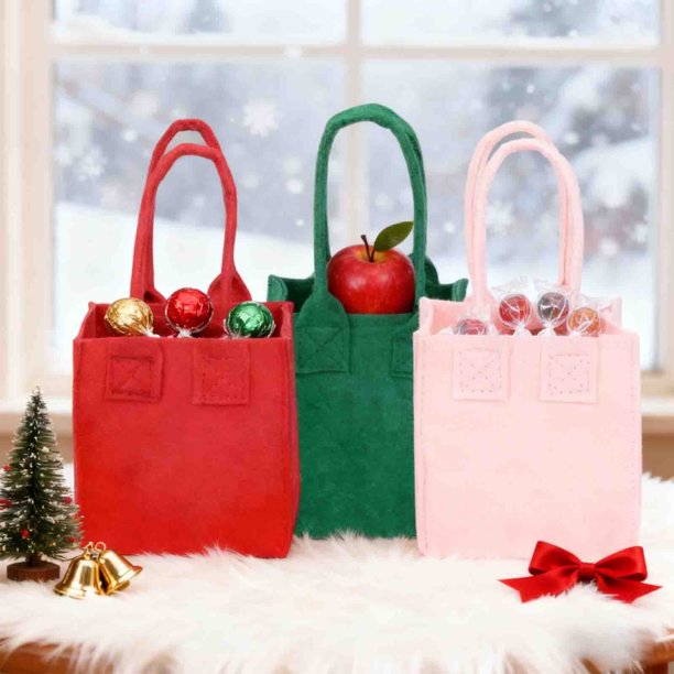 Caja de Nochebuena de terciopelo de Bolsa de Regalo de Navidad | Embalaje decorativo de nylon | Rosa, Rojo, Verde | Bolsillo reutilizable con cordón de 20x37cm | Cinta festiva, adorno de estampado
