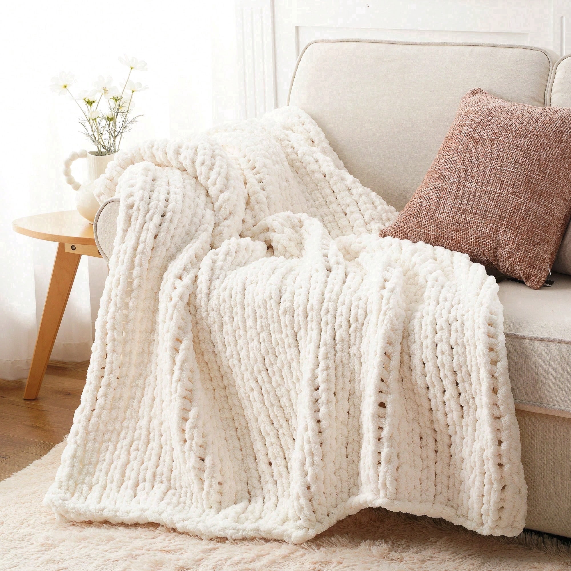 Battilo Cream Chunky Knit Throw Blanket,White Thick Chenille Throw Blankets for Living Room,50"x60"