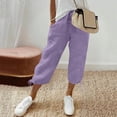 thumbnail image 2 of Linen Capris for Women Casual Travel Drawstring Elastic Waist 3/4 Length Pants Tie Side Straight Leg Cropped Trousers with Pockets, Purples, XXL, 2 of 7