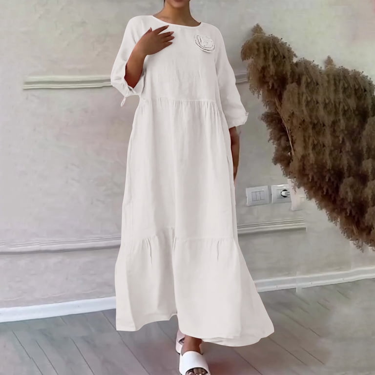 cotton 4xl dress for women Mrat Womens Plus Size Cotton Linen Maxi Dress Loose Crewneck Long Sleeve  Solid Long Dresses Travel Vacation Outfits S-54 Beige 4XL