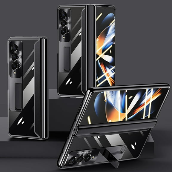 Jiahe Cover for Samsung Galaxy Z Fold4 5G, Full Body Hinge Protection with Built-in Screen Protector, Shockproof Plating Clear Back Foldable Kickstand Case, Black