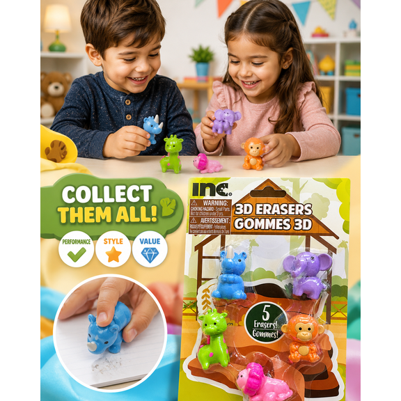 Inc. 3D Erasers, Assorted Themes, 5-pc Pack