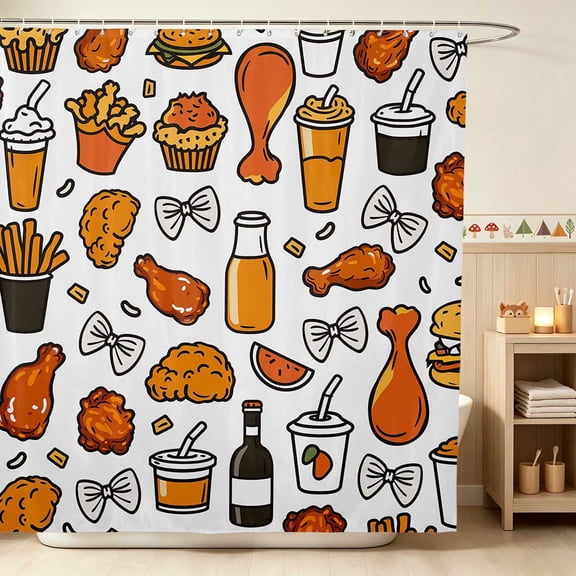 Erosebridal Fried Chicken Shower Curtain 72Wx72L for Boys Girls, White Bows Waterproof Bathroom Curtain
