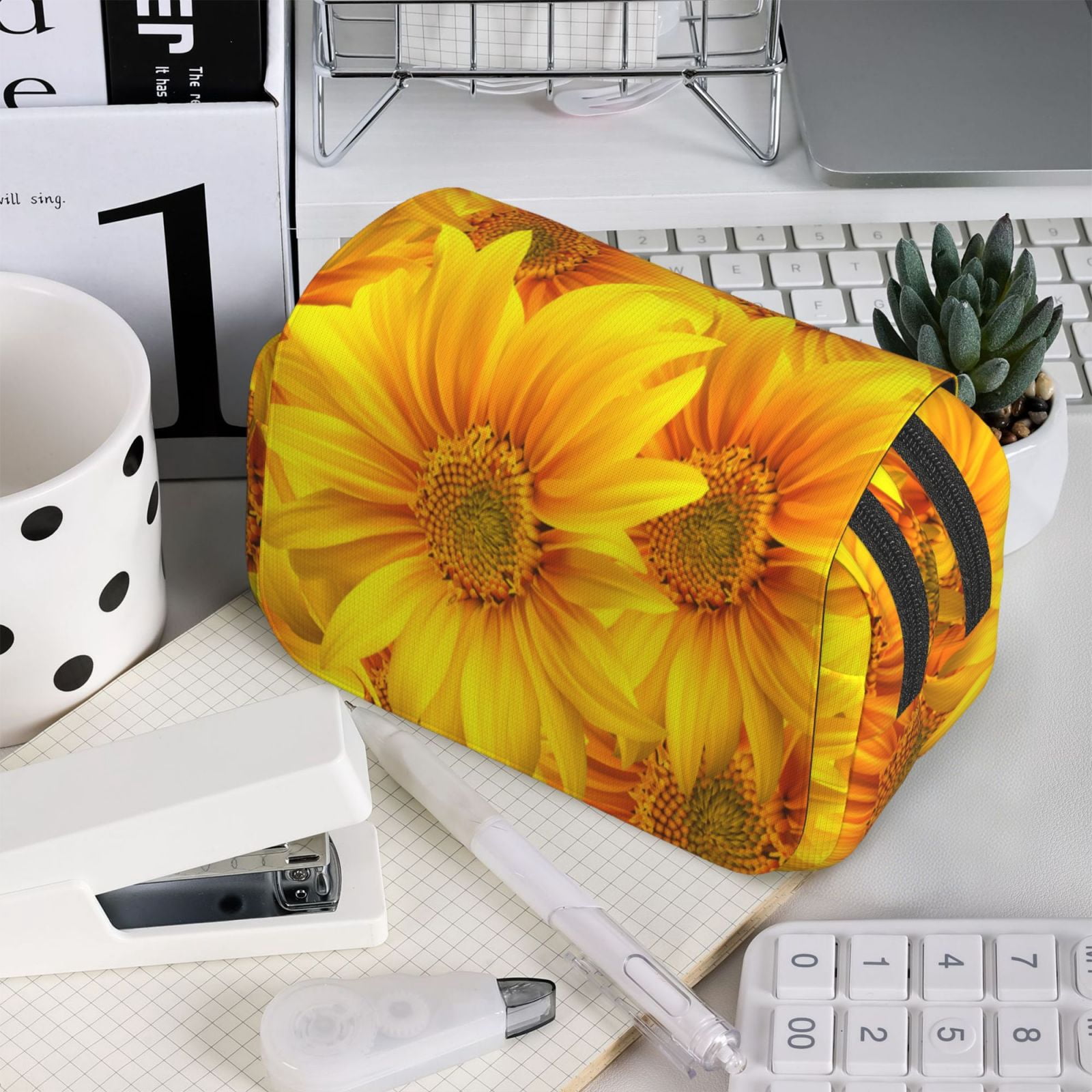 Rateoe 3D Sunflowers Pattern Double Clamshell Pen Case, Storage Organizer with Two Zipper Compartments– Holds Up to 50 Pencils & Pens