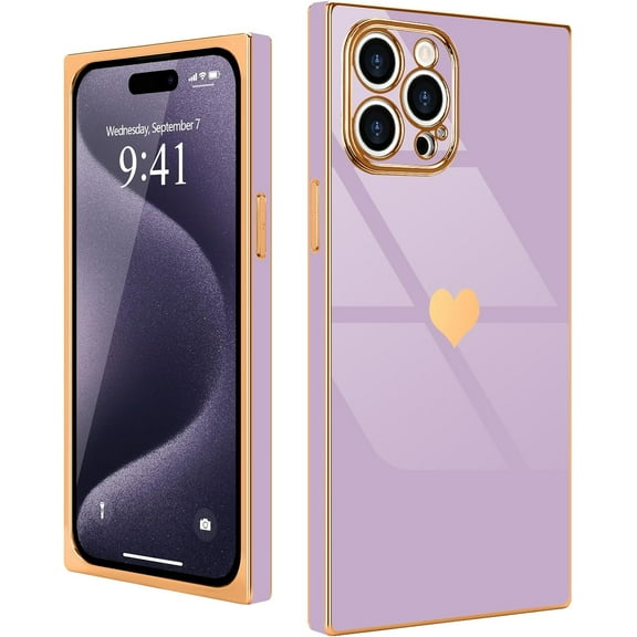 Compatible with iPhone 15 Pro Max Case for Women Girls Cute Love Heart Luxury Plating Gold Shockproof Raised Full Camera Lens Protection Cover Phone Case for iPhone 15 Pro Max, Purple