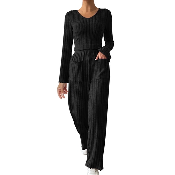 cfhntfmh Ribbed Knit Pajamas Sets for Women Casual Long Sleeve Pullover Top with Wide Leg Pants 2 Piece Winter Matching Set