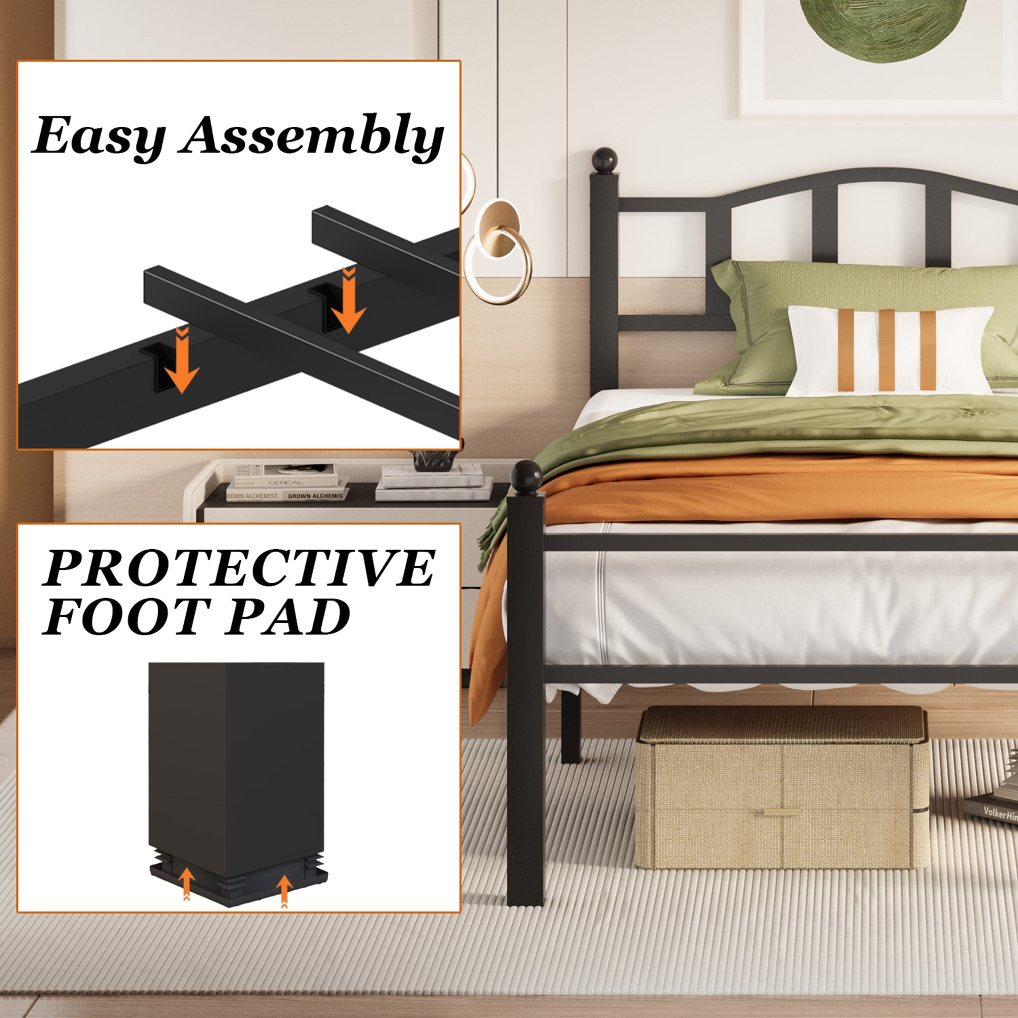 S.Tcak Metal Twin Size Bed Frame with Headboard, Heavy Duty, 12in Under Bed Storage, Easy Assembly, Black