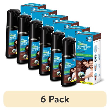 (6 pack) Nisha Shampoo Hair Color | Men & Women | 100% Grey Coverage in 5 Minutes | Dark Brown | 180mL / 6.09 Oz Bottle