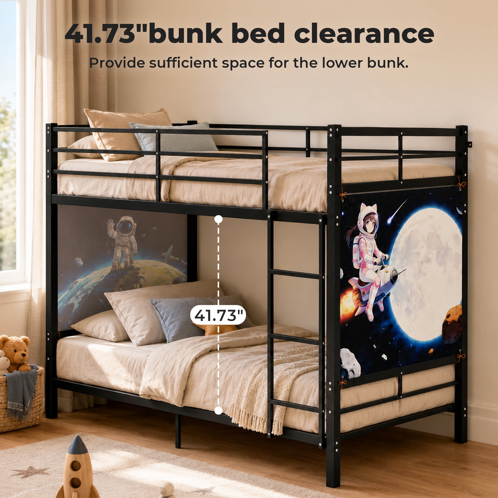 Alvantor Bunk Bed Twin over Twin, Metal Bunk Bed for Kids with Ladder and Wall Painting Black