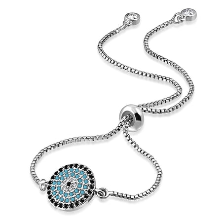 Stainless Steel Silver-Tone Multi-Color CZ Evil Eye Protection Adjustable Bracelet, 9.0"