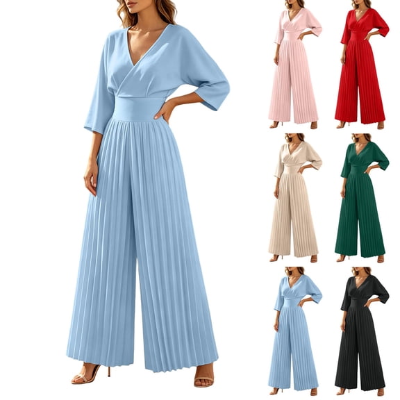 Aimik Dressy Jumpsuits for Women Dressy 3/4 Sleeve Wrap V Neck Pleated Wide Leg Jumpsuits Summer Fall Fashion Womens Jumpsuit for Vacation